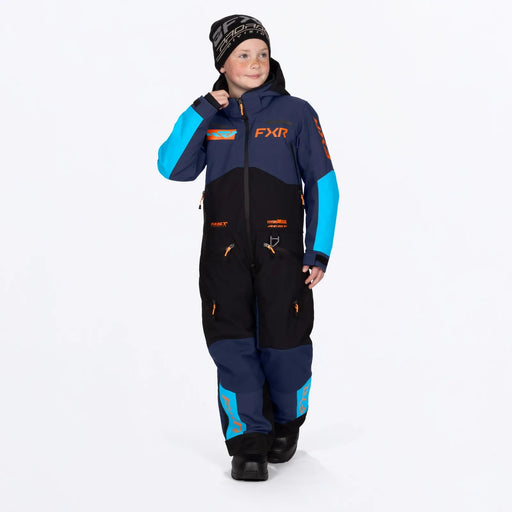FXR Child Vertical Monosuit - Midnight/Blue/Orange, front view