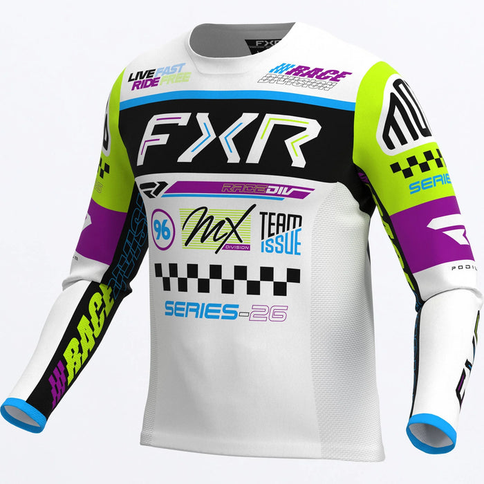 FXR Podium Gladiator MX Jersey 2026 - White/Black/HiVis, front view