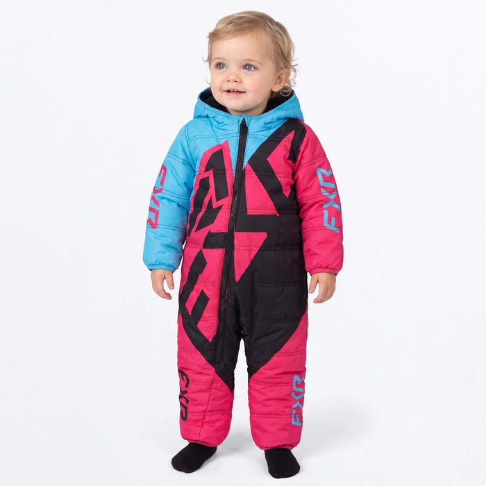 FXR Infant Kicker Snow Suit - Sky Blue/Razz, front view