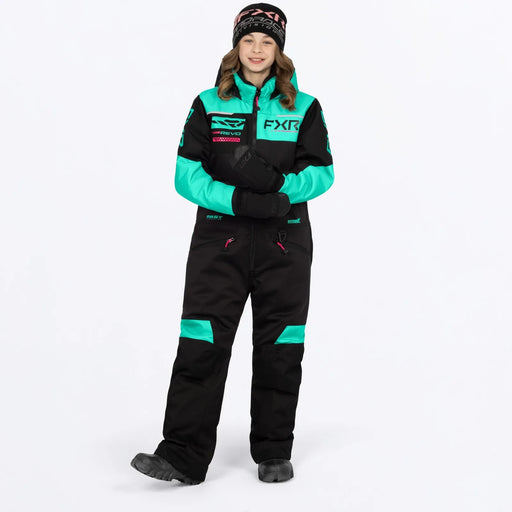 FXR Youth Revo Monosuit - Black/Mint/Razz, front view