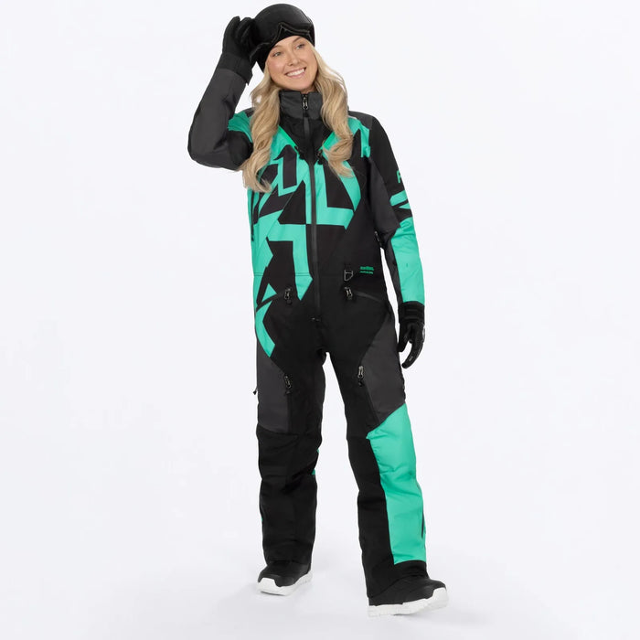 FXR Womens Cold Cross CX Lite Monosuit 2027 - Black/Asphalt/Mint, front view