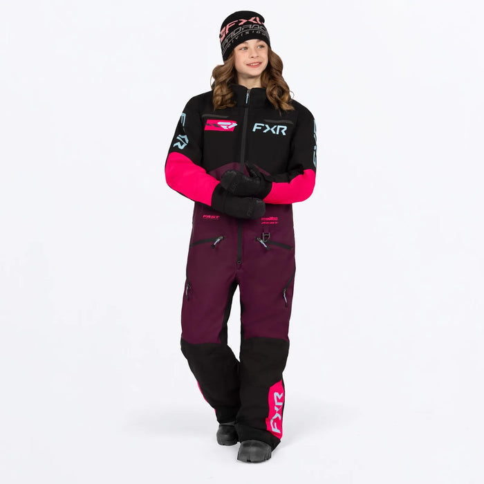 FXR Youth Vertical Monosuit - Plum/Razz/Maui, front view
