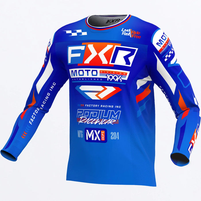 FXR Podium Gladiator MX Jersey 2025 - Blue/White/Nuke Red, front view