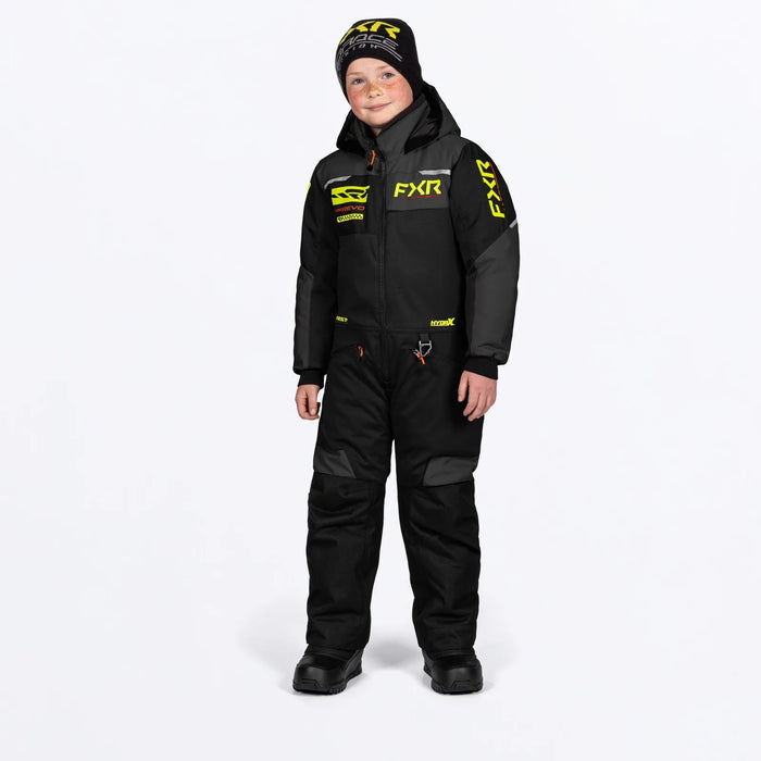 FXR Child Revo Monosuit - Black/HiVis/Org, front view