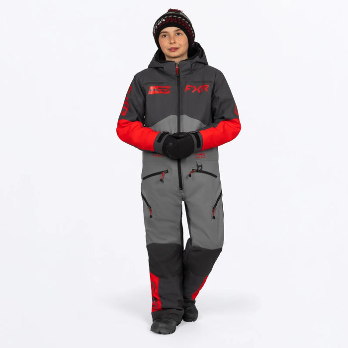 FXR Youth Vertical Monosuit - Ti/Asphalt/Red, front view