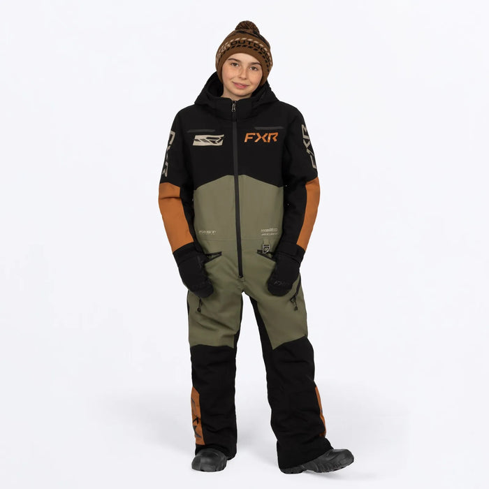 FXR Youth Vertical Monosuit - Moss/Umber/Stone, front view