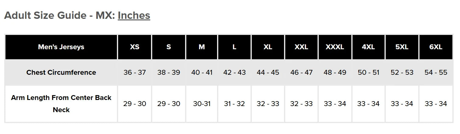 FXR Apex MX Jersey 2027 - Size chart