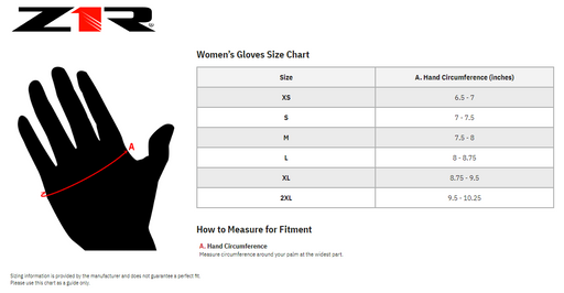 Z1R Womens 938 Gloves - Size Chart